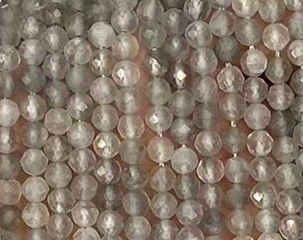 AAA Micro Faceted Genuine Natural Sparkling Loose Grey Cloudy Quartz Round Gemstone Beads for Jewelry Making 2mm 3mm 4mm 15.5" Strand