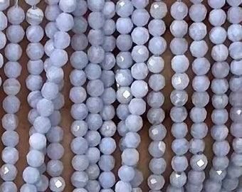 Micro Faceted Genuine Natural Powder Blue Lace Agate Round Small Gemstone Beads for DIY Jewelry Making 2mm 3mm 4mm 6mm 15.5" Strand