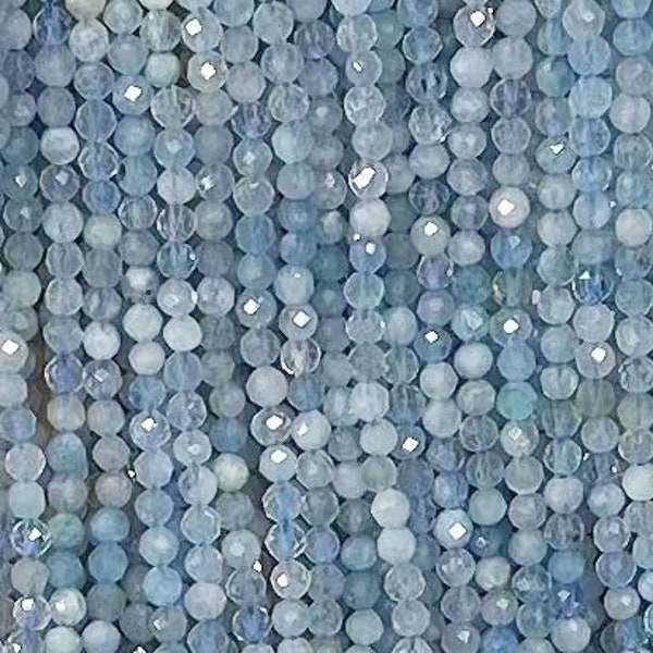 AAA Micro Faceted Sparkling Genuine Real Natural Blue Aquamarine Round Small Gemstone Beads 2mm 3mm 4mm 5mm 6mm 15.5" Strand Wholesale