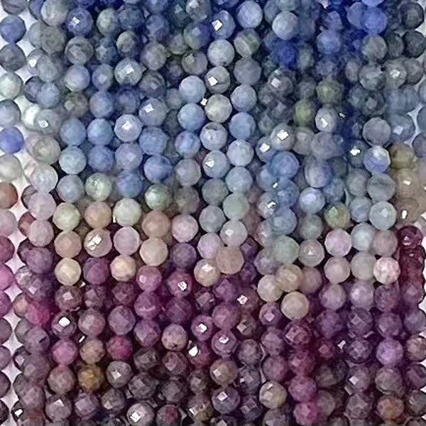 AAA Micro Faceted Sparkling Genuine Natural Gradient Mixed Colorful Sapphire Ruby Round Small Gemstone Beads 2mm 3mm 4mm 15.5" Strand