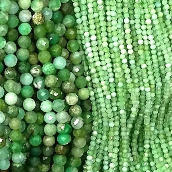 Micro Faceted Genuine Natural Loose Green Chrysoprase Round Microfaceted Gemstone Beads for Jewelry Making 2mm 3mm 4mm 5mm 15.5" Strand