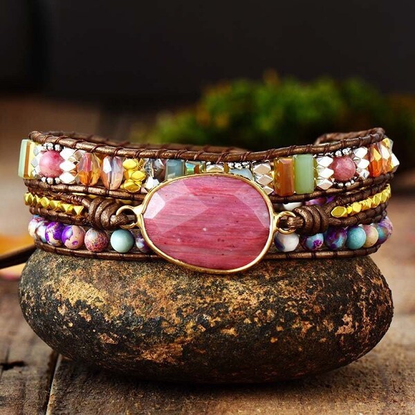 Oval Shape Rhodonite 3 Wrap Bracelet Boho Handmade Natural Healing Gemstone Layer Leather Healing Protection Spirirtual Meditation Bracelet