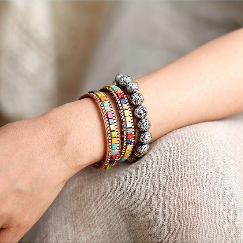Imperial Jasper 7 Chakra Gemstone Boho Leather Handmade Healing Women Bracelet