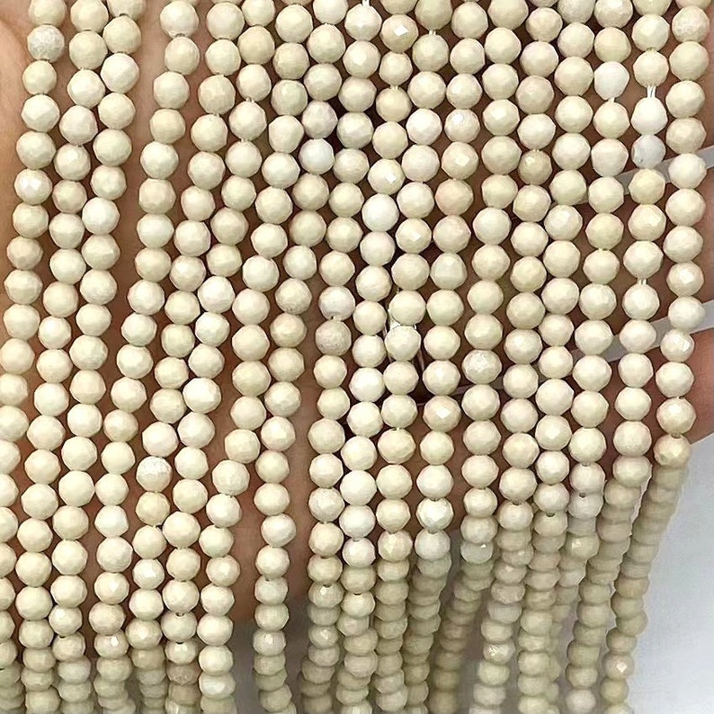 Micro Faceted Fossil Jasper River Stone Genuine Natural Loose Round Tan Beige Cream Gemstone Beads for Jewelry Making 2mm 3mm 4mm Strand image 2