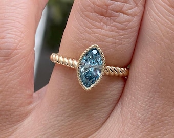 Anillo de diamante azul - Anillo de oro con forma de marquesa - Joyería de plata - Diamantes libres de conflicto - Regalo para ella