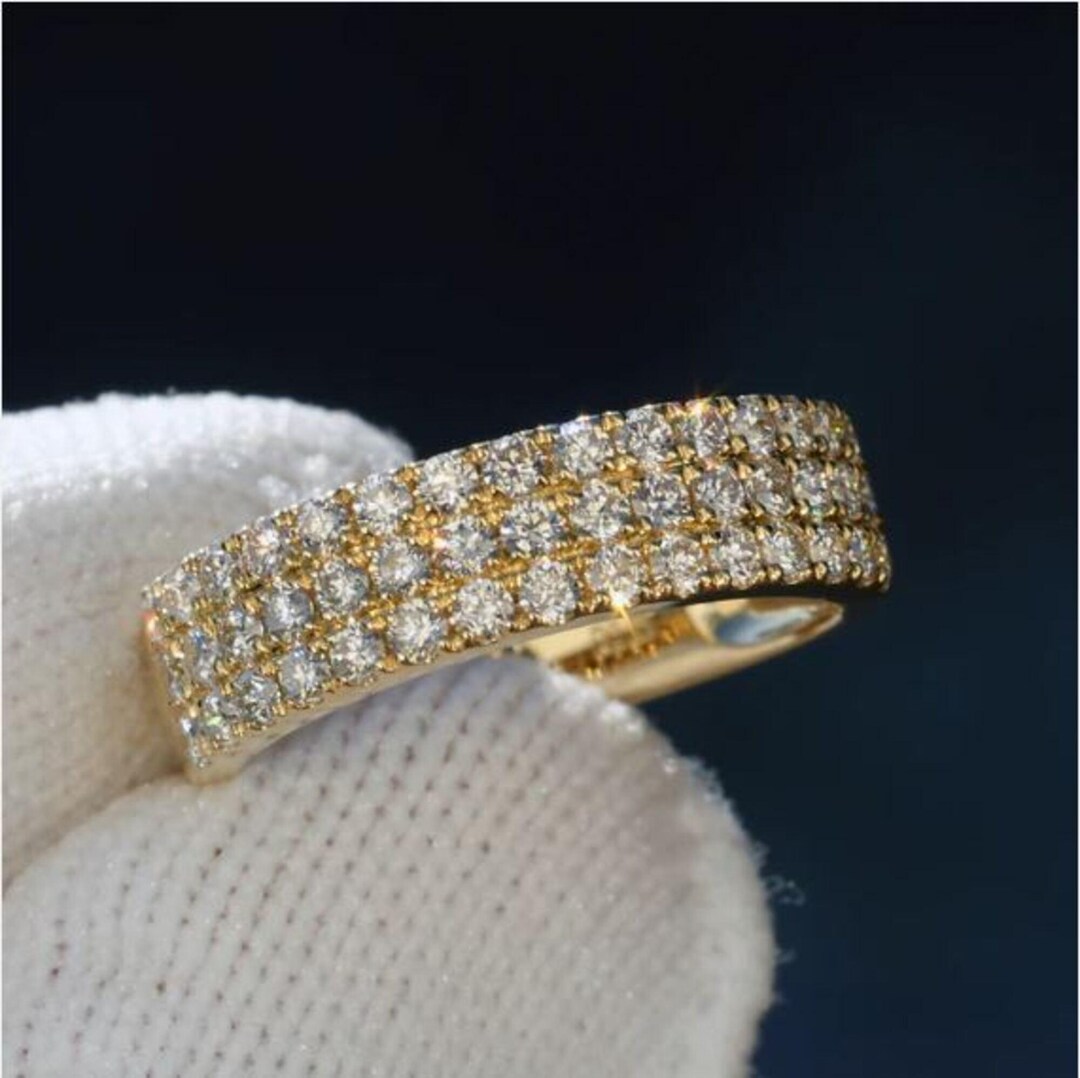 14k Gold Diamond Band – Triple Row White Diamond Ring - Etsy
