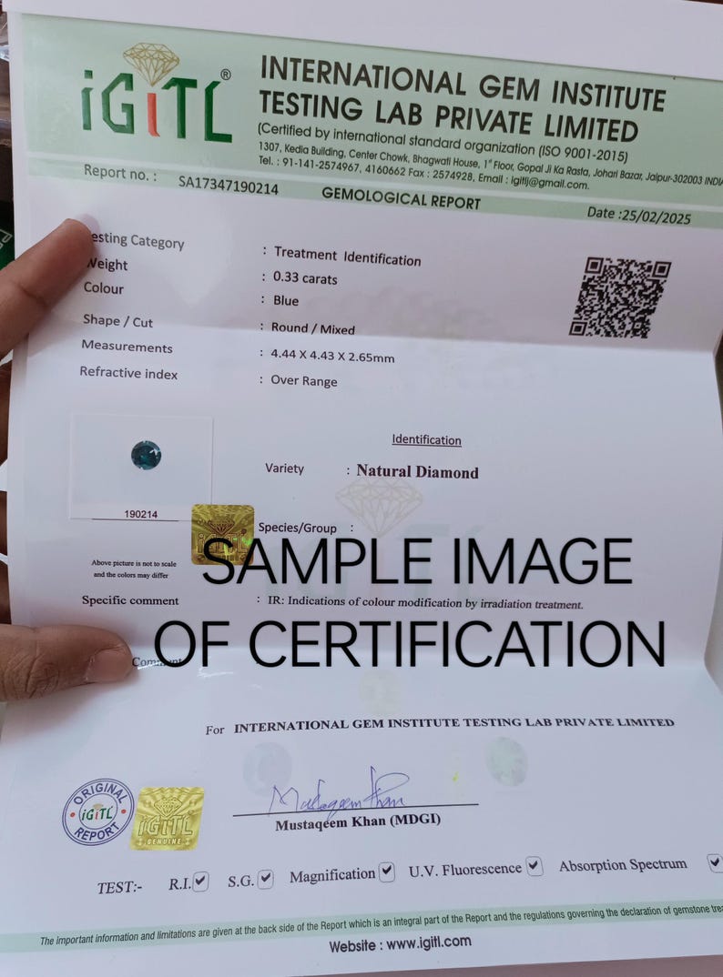 May include: A gemological report from the International Gem Institute Testing Lab Private Limited for a 0.33 carat blue round diamond. The report number is SA17347190214 and the date is 25/02/2025. The report states that the diamond is natural and has a refractive index that is over range.