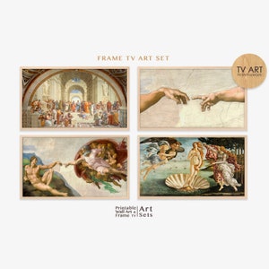 May include: Set of four framed prints featuring famous Renaissance paintings. The prints include "The School of Athens", "The Creation of Adam", "The Birth of Venus", and "The Hand of God".