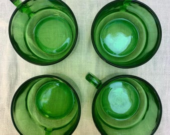 Set of 4 heavy green glass mugs, vintage from the 1970s