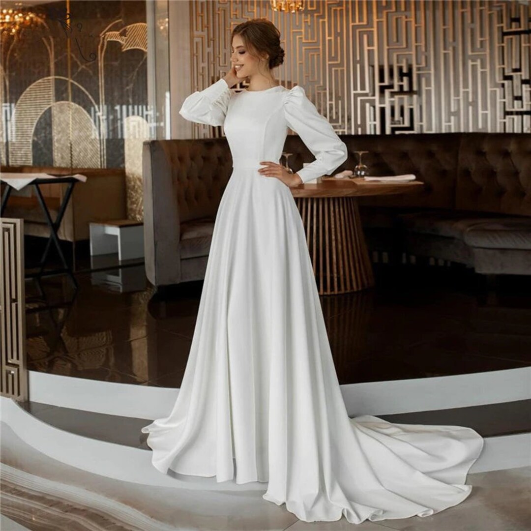 Modest White Long Sleeve Satin Wedding Dress, Satin Minimal Aline Maxi Wedding Dress, Sweep