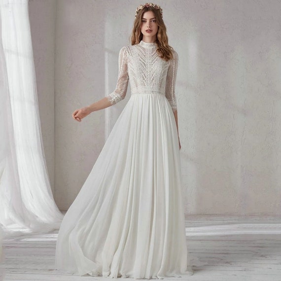 Boho Ivory Lace Chiffon Wedding Dress With High Neck 3 4 Sleeves