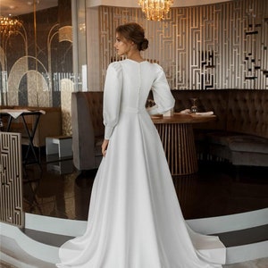 Modest White Long Sleeve Satin Wedding Dress, Satin Minimal A-line Maxi ...