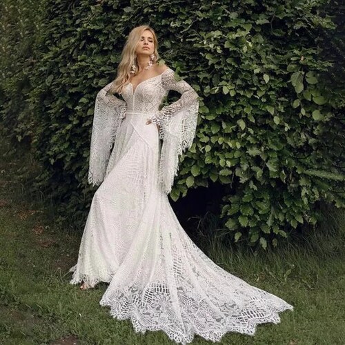 Vintage Boho Wedding Dress Lace Wedding Dress Trumpet Flare Etsy