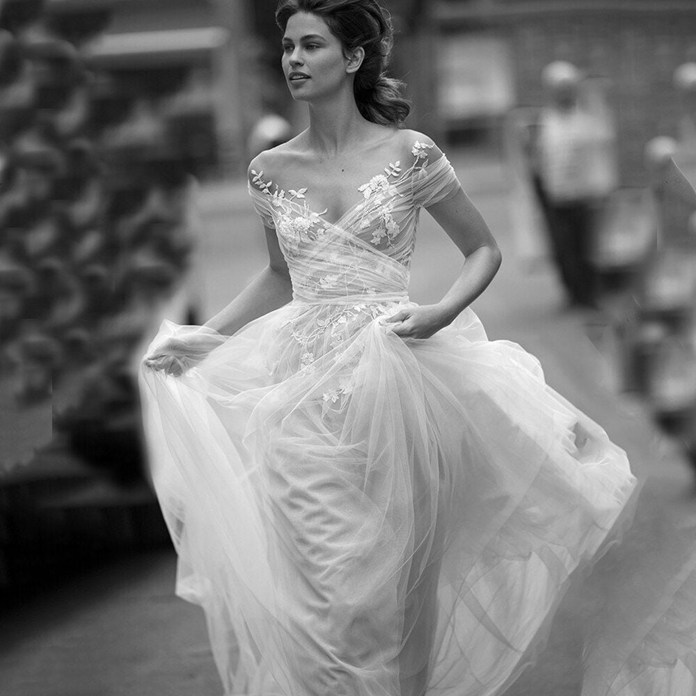 Elegant Ruche Tulle Illusion Bridal Gown, Aline Wedding Dress