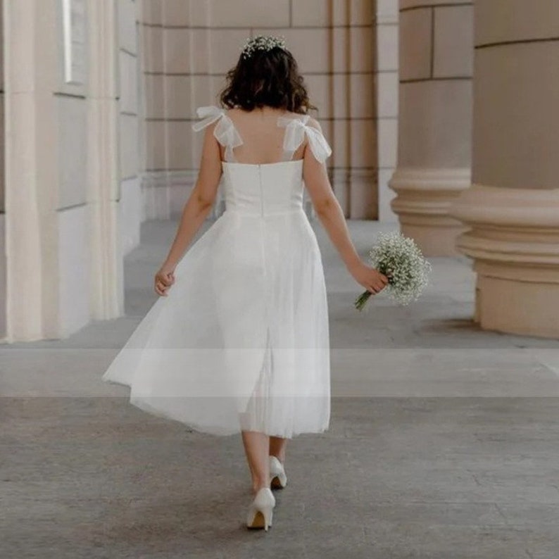 Simple Short Wedding Dress, Midi Satin Wedding Dress, Sweetheart Aline
