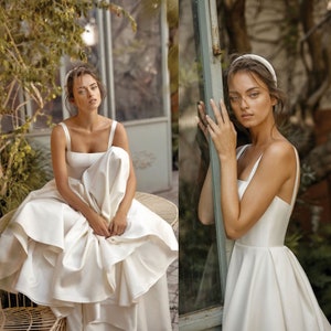 Boho Wedding Dress, Modest A-line Satin Bridal Gown, Spaghetti