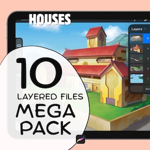 May include: A digital tablet screen displaying a drawing application with a layered file of a yellow and red house illustration. The text HOUSES 10 LAYERED FILES MEGA PACK is visible on the left side, and a layers panel is open on the right side.