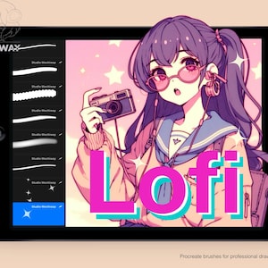 May include: A digital illustration of a girl with purple hair wearing pink sunglasses and a blue and white sailor uniform. The girl is holding a camera and the word "Lofi" is written in pink and blue letters on a pink background. The image is displayed on a tablet screen with a menu of Procreate brushes.
