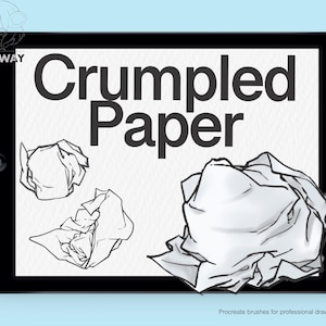 May include: A digital illustration of crumpled paper on a tablet screen. The text "Crumpled Paper" is displayed above the illustration. The text "Procreate brushes for professional drawing." is displayed below the illustration.