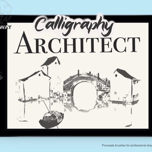 Op de afbeelding: Een digitale illustratie van een brug over een rivier met gebouwen aan beide kanten. De afbeelding is in zwart-wit en heeft een penseelstreek-effect. De tekst "Calligraphy Architect" staat bovenaan de afbeelding.