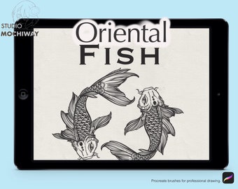 Puede incluir: Una ilustración digital de dos peces orientales en blanco y negro sobre un fondo blanco. El texto "Oriental Fish" se muestra sobre los peces. La imagen se muestra en la pantalla de una tableta.