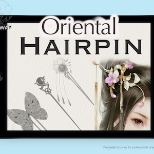 東洋のヘアピン - 16 種類の Procreate ブラシ、古代日本の伝統的な中国の女性側室の王女のヘア ドレス、ジュエリー アクセサリー