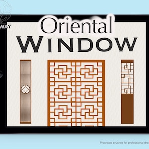 May include: A digital illustration of an oriental window design on a tablet screen. The design features a repeating geometric pattern of squares and rectangles in brown on a white background. The text "Oriental Window" is displayed at the top of the screen.