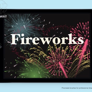 May include: A digital illustration of fireworks exploding in the night sky. The text "Fireworks" is displayed in bold white letters on a black background. The image is displayed on a tablet screen.