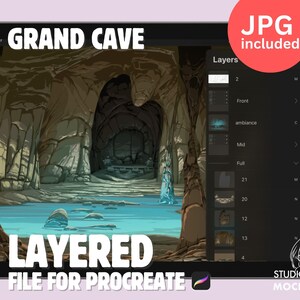May include: A digital illustration of a grand cave with a blue pool of water in the foreground. The image is layered for use in the Procreate app. The text "GRAND CAVE" and "LAYERED FILE FOR PROCREATE" are visible on the image. The text "JPG included" is visible in a red circle.