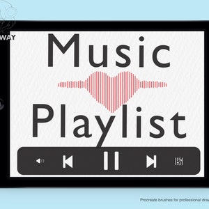 May include: A tablet screen displaying a music playlist with the text "Music Playlist" and a red heart-shaped sound wave graphic. The screen also shows play, pause, rewind, and fast forward buttons.