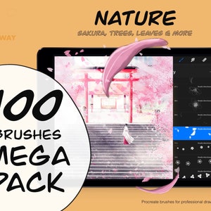 May include: A digital illustration of a tablet screen displaying a set of 100 Procreate brushes for drawing nature scenes. The brushes include sakura, trees, leaves, and more. The text "100 Brushes Mega Pack" is displayed in a white circle on the left side of the image.
