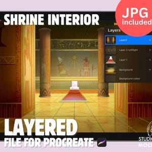 May include: A digital illustration of a layered Procreate file depicting a shrine interior. The scene features a throne, columns, and a mural with Egyptian-inspired motifs. The image includes the text "SHRINE INTERIOR" and "LAYERED FILE FOR PROCREATE".