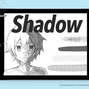 May include: A black iPad shows a black and white anime-style illustration with the word "Shadow" in large text. The screen also displays various brush stroke examples. The text "Procreate brushes for professional drawing" is at the bottom.