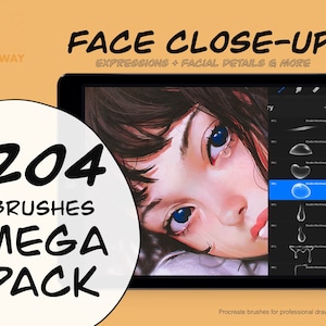 顔のクローズアップ - 204 Procreate ブラシ、マンガ クリエイター ツールキット、半リアルな芸術、人間の頭の男性と女性の輪郭、涙、顔、虹彩