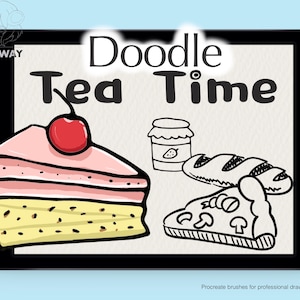 Puede incluir: Una ilustración digital de una pantalla de tableta con el texto "Doodle Tea Time" en la parte superior. La pantalla muestra una imagen dibujada a mano de una rebanada de pastel con una cereza en la parte superior, un tarro de mermelada, una hogaza de pan y una rebanada de pizza.