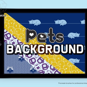 May include: A digital illustration of a tablet screen displaying a variety of patterns featuring cats, bears, and mugs. The text "Pets Background" is displayed in bold, black letters on the screen.