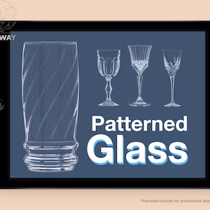 May include: A digital illustration of four different patterned glass designs. The glasses are all clear and have a variety of shapes and sizes. The text "Patterned Glass" is displayed in blue and white letters.