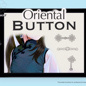 Puede incluir: Una ilustración digital de tres diseños de botones orientales diferentes en la pantalla de una tableta. El texto "Oriental Button" se muestra en la parte superior de la pantalla. El texto "Procreate brushes for professional drawing." se muestra en la parte inferior de la pantalla.