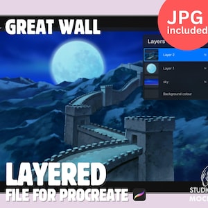 Puede incluir: Una ilustración digital de la Gran Muralla China de noche con una luna llena en el cielo. La imagen está en capas para su uso en la aplicación Procreate. Las capas incluyen la luna, el cielo y el color de fondo.