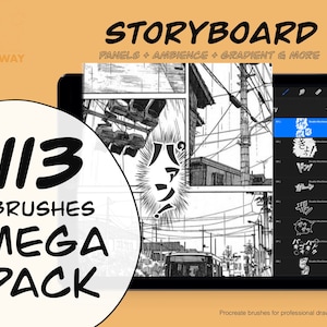 Storyboard Panels - 113 Procreate Brushes, Manga Ambience, Onomatopoeia, Speech Bubble, Anime Digital Art, Comic Line, Gradient, Screen Tone