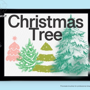 May include: A digital illustration of four Christmas trees on a white background. The trees are drawn in a hand-drawn style with green, pink, and gold colors. The text "Christmas Tree" is written in black at the top of the image.