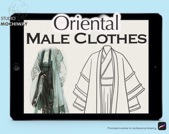 May include: A digital illustration of two different styles of traditional Asian clothing for men. The illustration is in black and white and is labeled "Oriental Male Clothes".