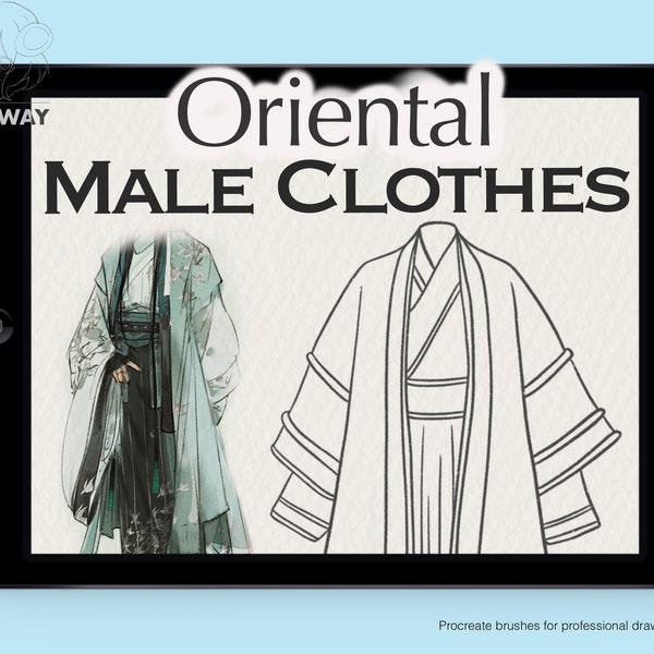 Oriental Male Clothes - 12 Procreate Brushes, Ancient Japanese Traditional Chinese Hanfu Tang Han Dynasty Men Swordsmen Scholar Robe Costume