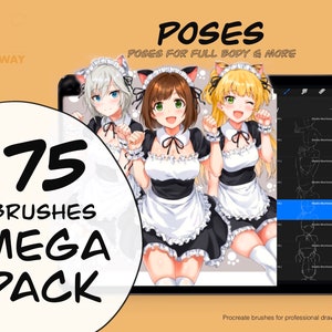 ポーズ - 75 種類の Procreate ブラシ、マンガ クリエイター ツールキット、アーティスト イラスト セット、半身のアウトライン、人間の比率、カップルの描画