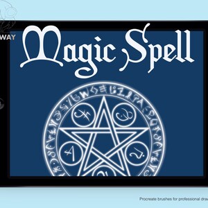 May include: A digital illustration of a magic spell on a tablet screen. The spell is a white glowing circle with a five-pointed star in the center. The text "Magic Spell" is at the top of the screen.