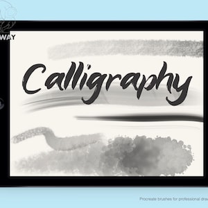 May include: A digital tablet screen displaying a set of Procreate brushes for calligraphy. The screen shows a variety of brush strokes in black and gray, with the word "Calligraphy" written in bold black lettering.