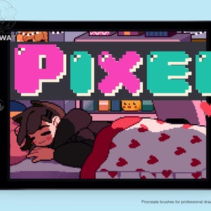 Puede incluir: Una ilustración digital de una persona durmiendo en una cama con una almohada en forma de corazón. La imagen está en un estilo de arte de píxeles y tiene una estética de videojuego retro. El texto "PIXEL" se muestra en letras grandes y coloridas en la parte superior de la imagen.