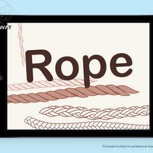 May include: A digital illustration of different types of rope, including braided, twisted, and knotted styles. The word "Rope" is written in large, bold letters at the top of the image. The image is displayed on a tablet screen.