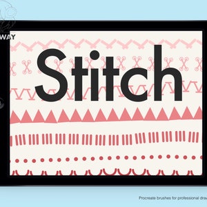 Può includere: Uno schermo di tablet che mostra un set di pennelli Procreate chiamato "Stitch". I pennelli sono progettati per il disegno professionale e presentano vari motivi di punti in rosa e bianco.