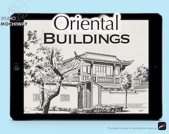 Oriental Buildings - 12 Procreate Brushes, Ancient Japanese Traditional Chinese Medieval Landscape House Pagoda Torii Shine Gate Castle Art